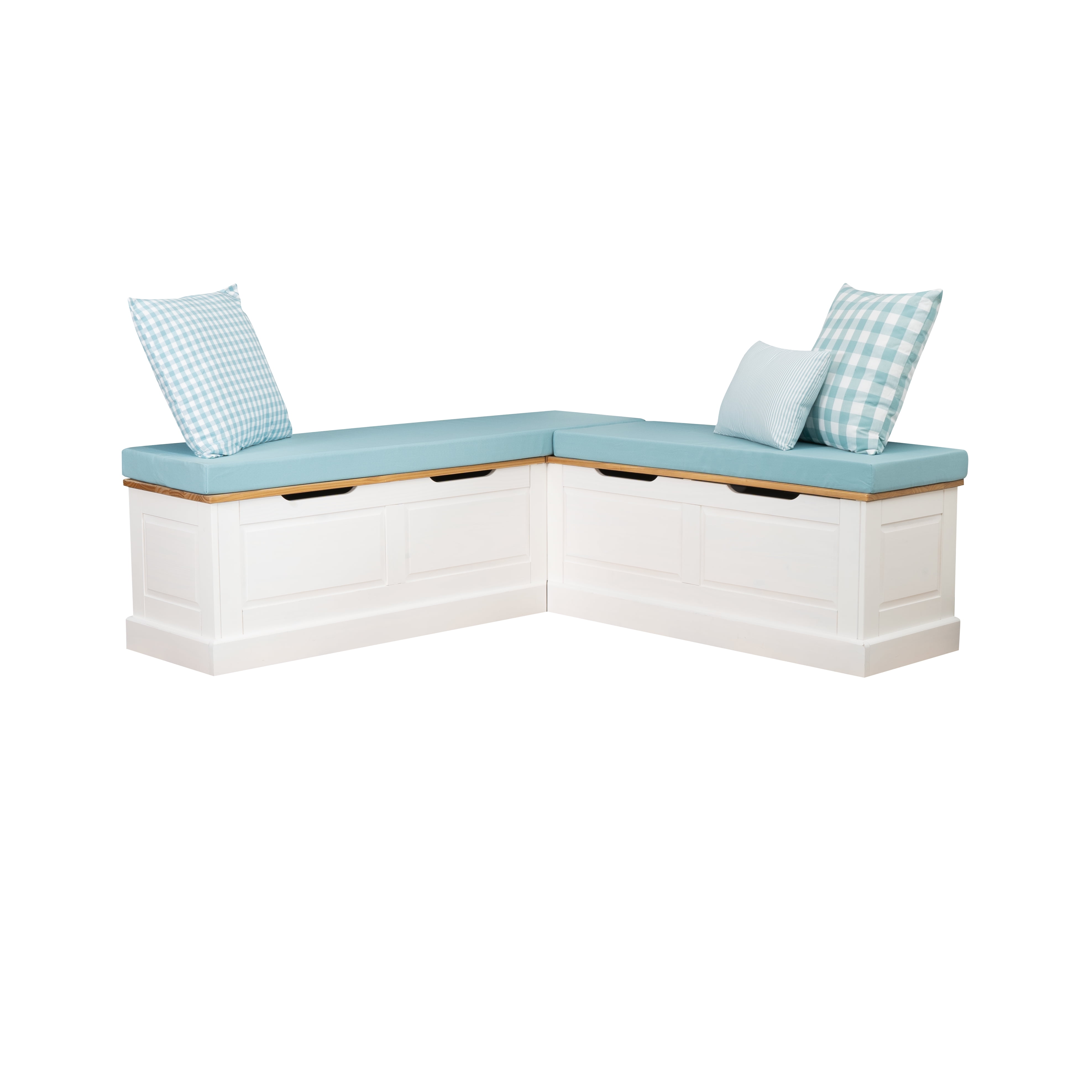 Linon Romero Backless Corner Nook Bench with Storage, 5-Piece Cushion Set, Natural/White/Seafoam