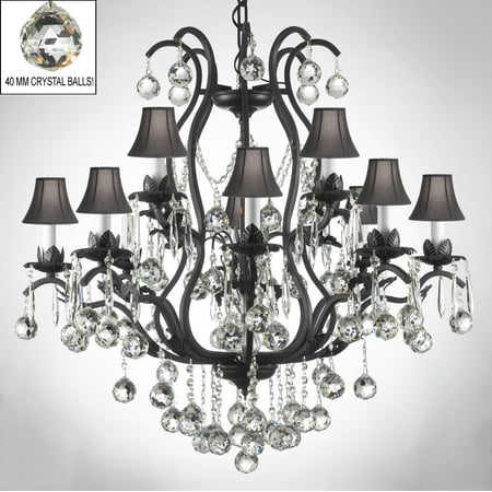 - Wrought Iron Chandelier Dressed With Crystal Balls And Black Shades
