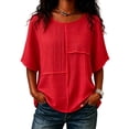 thumbnail image 4 of HOSIA Womens Vertical Textured Patchwork Top Round Neck Half Sleeve Casual Loose Fit Summer Blouse Lightweight Comfy Flowy Plain Gauze Tunic Shirts Plus Size Beach Vacation Outfits Red L, 4 of 6