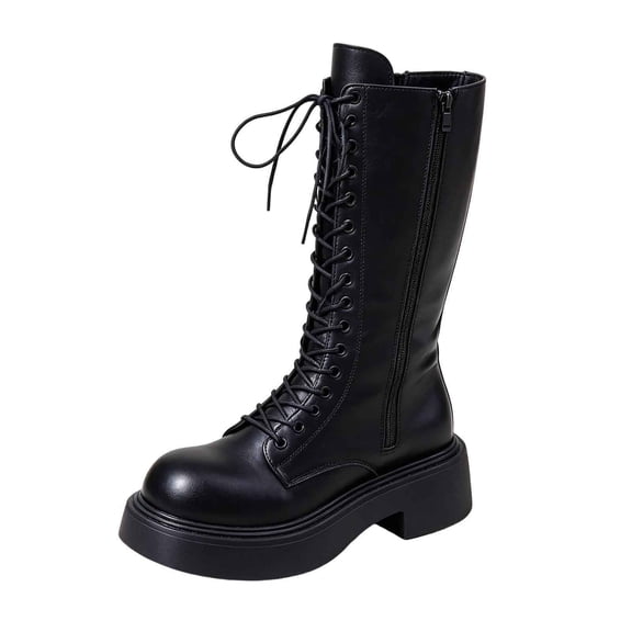 hopeusnice Round Toe Lace Up Side Zipper Knee High Boots Women Leather Boots for Street Style Black 35