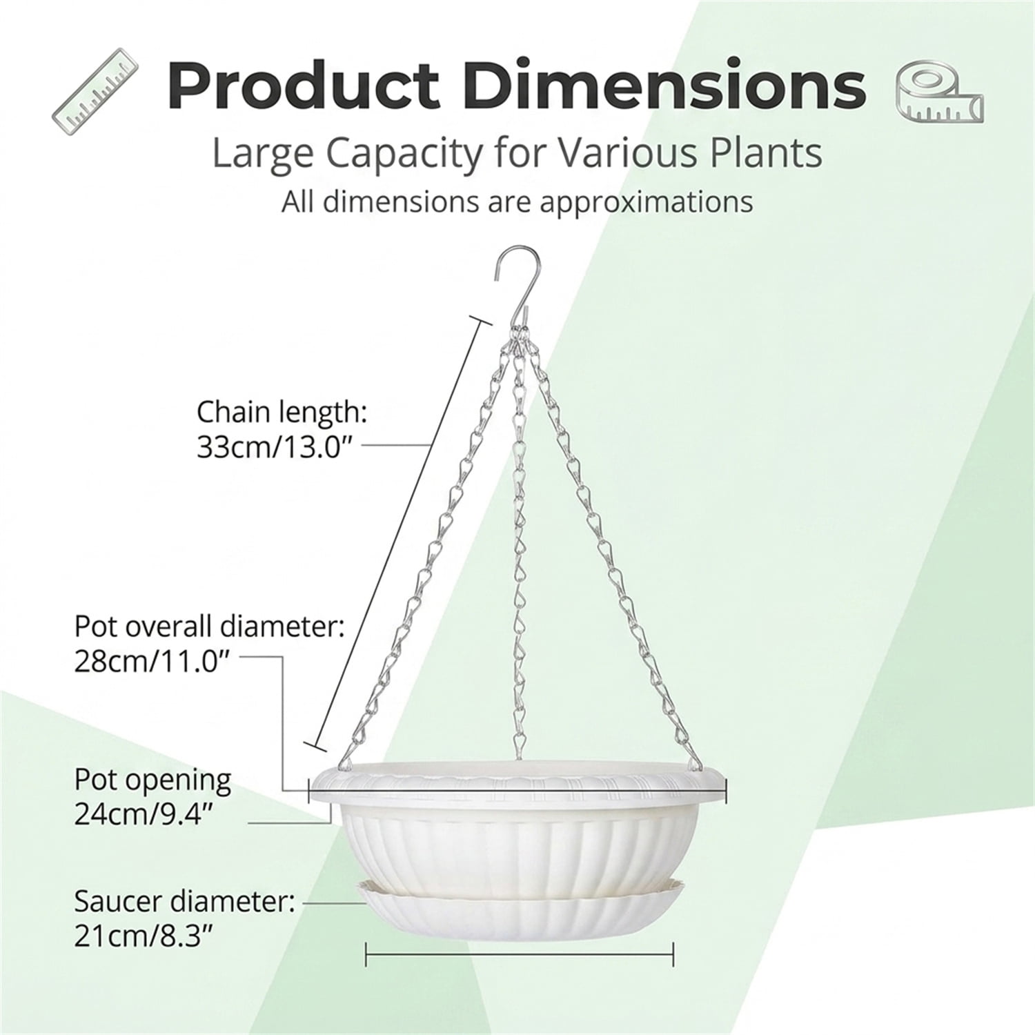 Artrylin 2 Pack Large Hanging Planters 11in Plastic Plant Pots with Drainage Holes & Trays for Indoor Outdoor Garden Wall Window Decor (White)