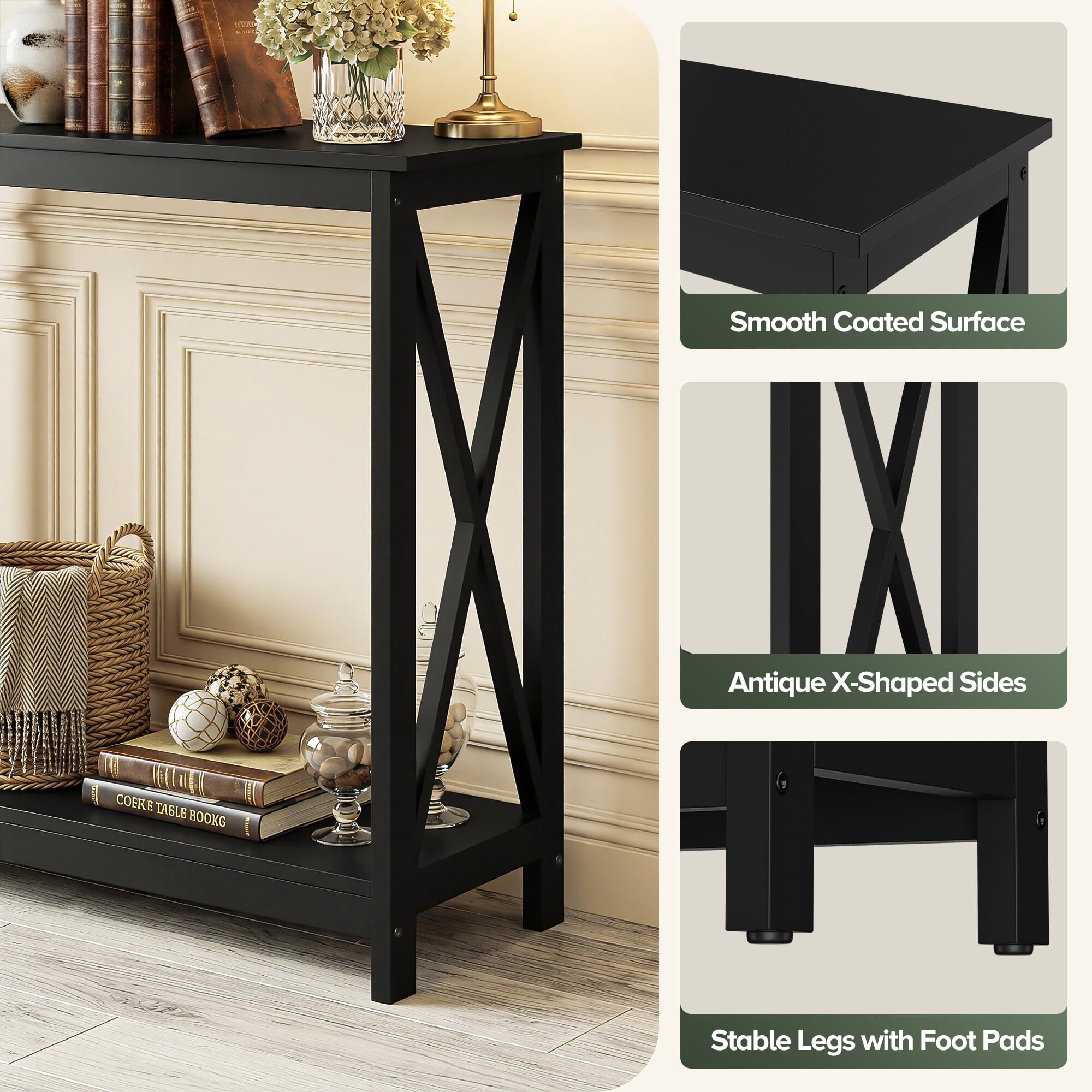 ZENY 39.4" 2-Tier Narrow Entryway Console Table, X-Shape Sofa Table, Black