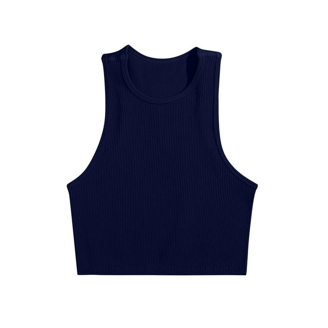 Penkiiy Women's Ribbed Knit Sleeveless Round Neck Slim Fitted Basic Crop Tank Top L Navy