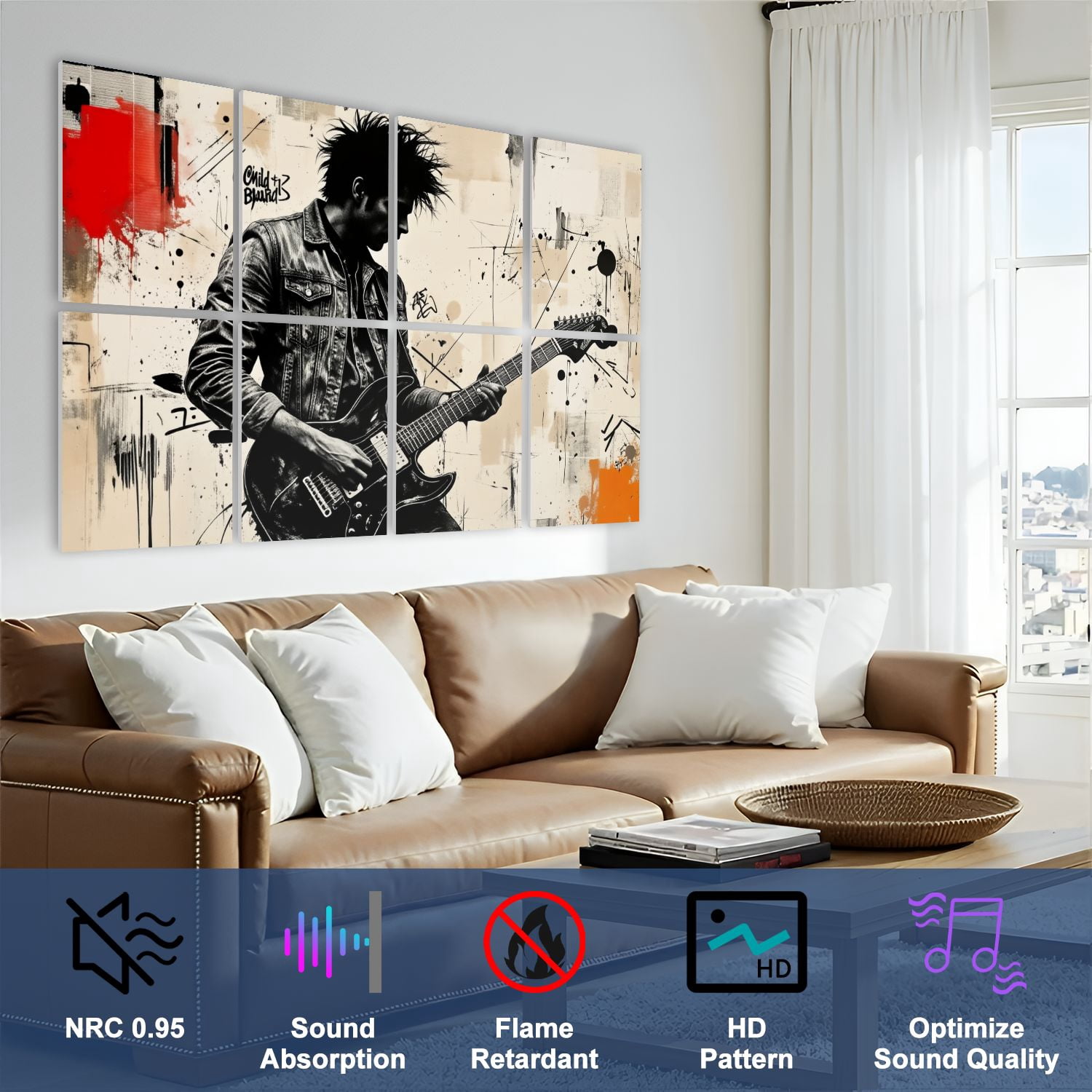 Musical 8 Pack Art Acoustic Panels Sound Absorbing Black White Punk Guitarist Abstract Splatter Decorative Soundproof Wall Panels Self Adhesive for Nursery Game Room Music Classroom 48"x32"