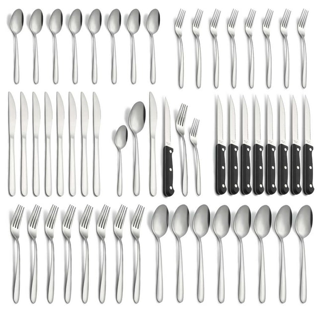 Bestdin 48 pieces silverware set service for 8, a stainless steel cutlery set including dinner forks, dessert forks, dinner knives, steak knives, dinner spoons, and tea spoons. Mirror polished and rust-resistant, this tableware set is dishwasher safe and suitable for home kitchens, restaurants, hotels, and events.
