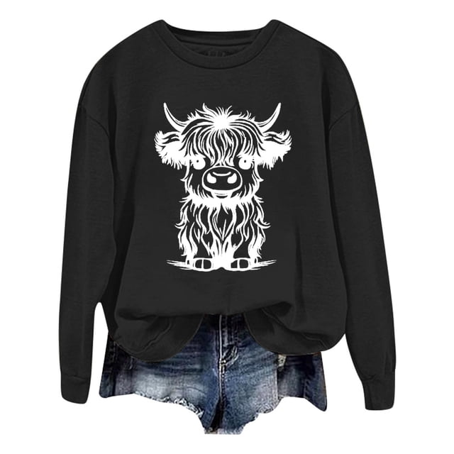 WEAIXIMIUNG Chandails à Col Rond pour Femmes, Designs Mignons, Chandail d'Automne et d'Hiver pour Femmes 2025, Col Rond, Mode, Imprimé Vache, Manches Longues, Mode Décontractée, Mode Sortie