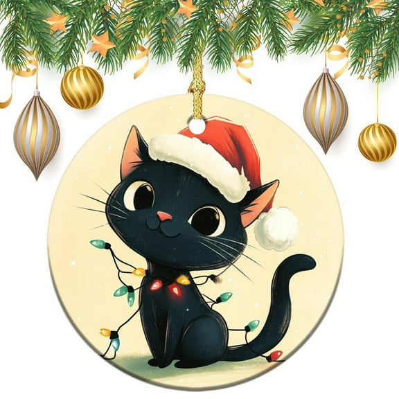 Cute Black Cat Ceramics Ornaments Cat Wearing Santa Hat & Colorful Lights Circle Ornament Ornament for Christmas Tree Ornament Xmas Present