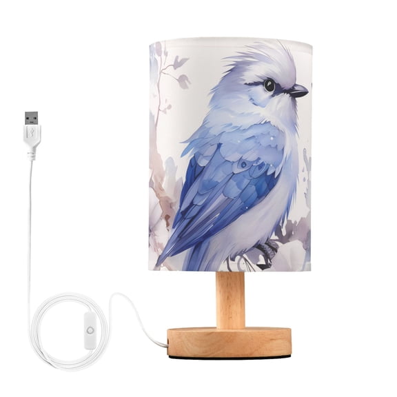 Bird Flowers Leaves Blue Table Lamp USB Bedside Desk Nightstand Lamp Printed Gifts Small Lamp Wood Base for Bedroom Living Room Kids Room College Dorm