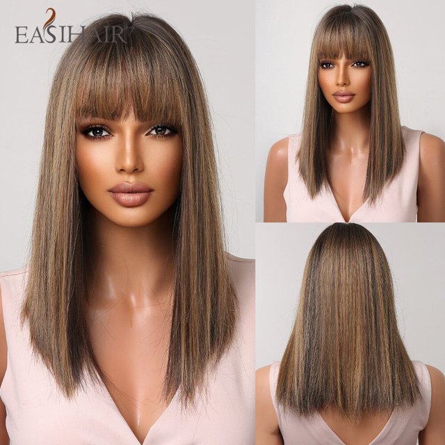 EASIHAIR, pelucas cortas y rectas de Bob con flequillo, pelo sintético Natural marrón dorado para mujeres, pelucas de fibra resistentes al calor para Cosplay diario Tan Jianjun unisex