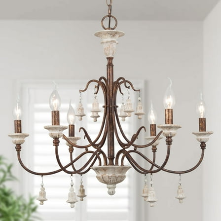 LNC 6-Light French Country Distressed White and Bronze Linear shape With Candle Style Chandelier