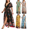 thumbnail image 4 of BJYX Robe Femme Grande Taille Col en V Ourlet Fendu Imprimé Floral Manches Courtes Robe de Soirée Ample Longue Jupe, 4 of 5
