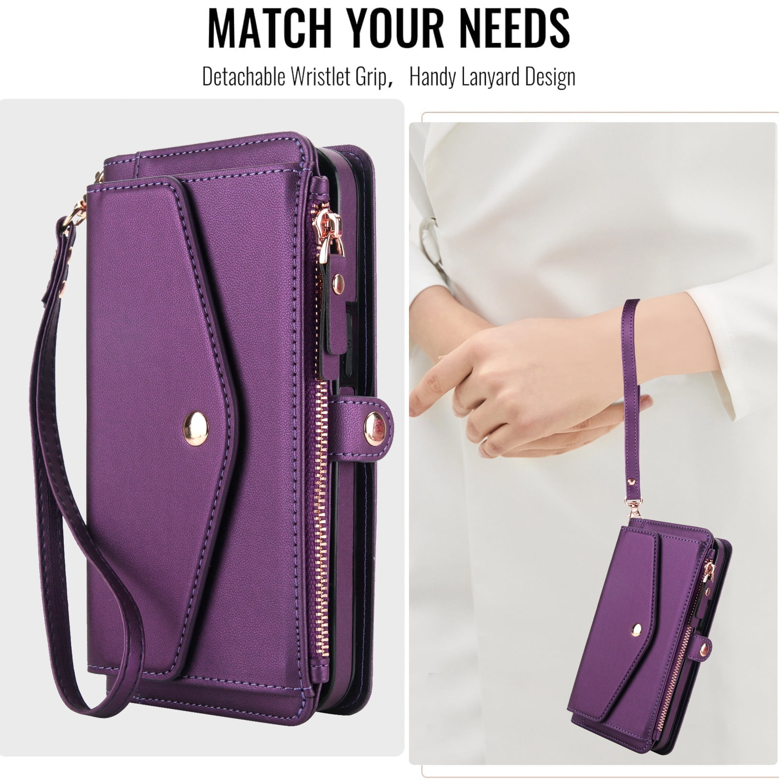 Designed for Google Pixel 8 Multi-Function Wallet Phone Case,With Shoulder Strap&Wrist Strap,Cash Pocket&Card Slots,Zipper Purse,Magnetic Detachable PU Leather Flip Phone Case,Purple
