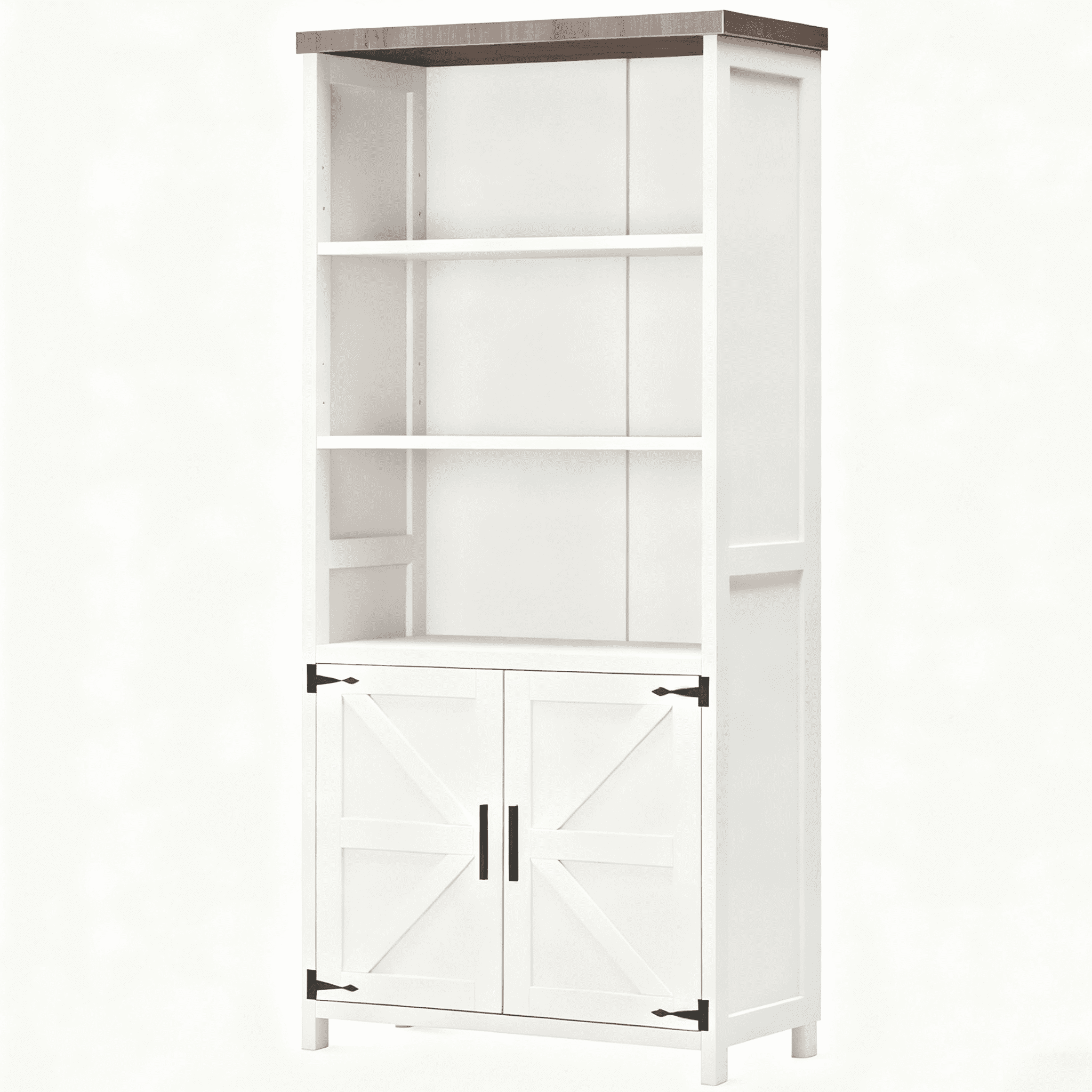 5-Shelf Farmhouse Bookshelf with Doors, 70" Rustic Display Cabinet & Large Storage for Home Office, Living Room, Bedroom, Off-White
