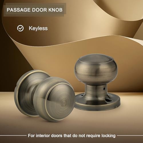 1 Pack Round Door Knobs Passage Lock Antique Brass for Closet Hallway Passage Handle Keyless Door Knob Set