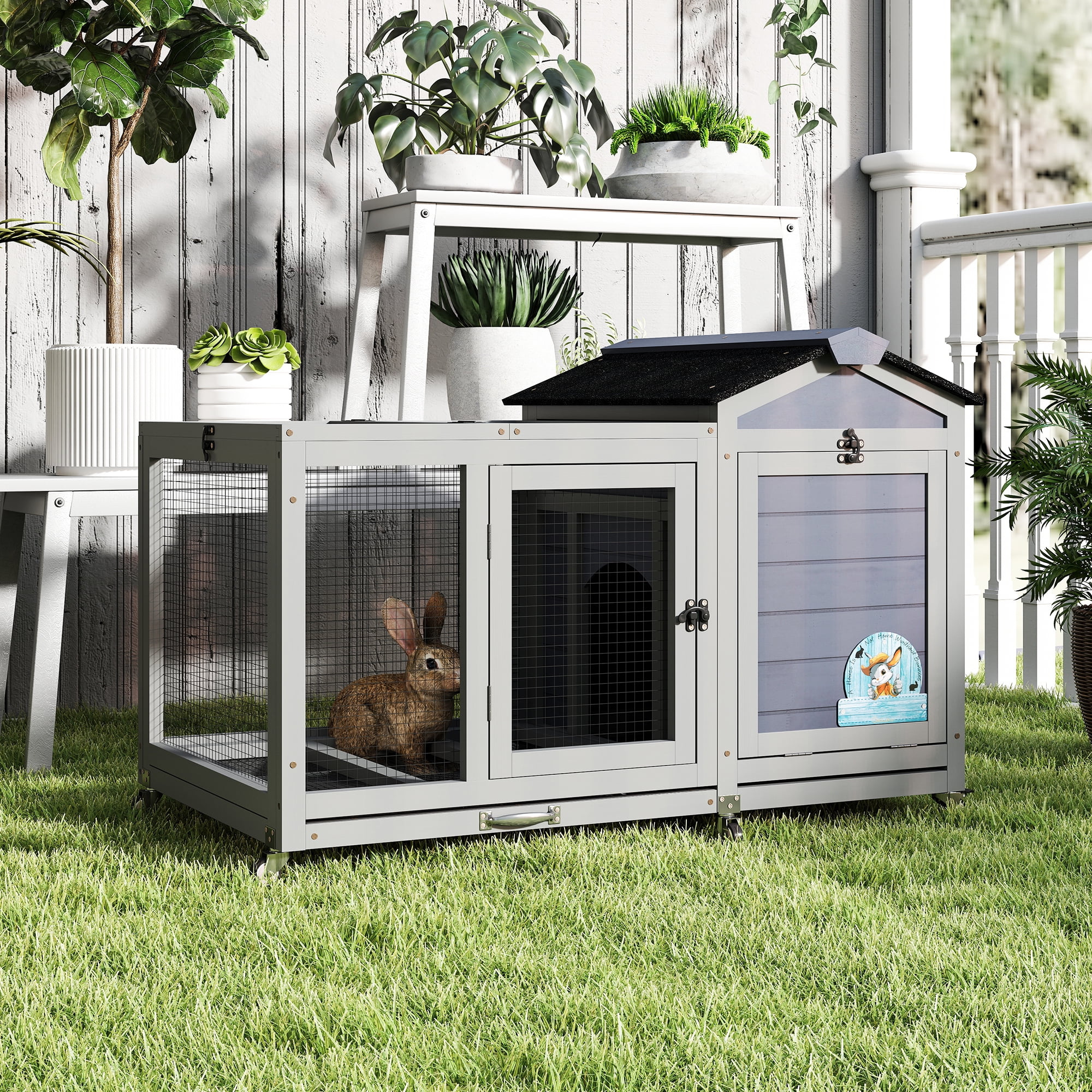 Pefilos 38.6" Outdoor Wooden Rabbit Hutch with Wheels, Guinea Pig Hutch with Run, Doors, Sunlight Roof, No Leaking Tray, Indoor Pet Cages for Small Animals, Gray
