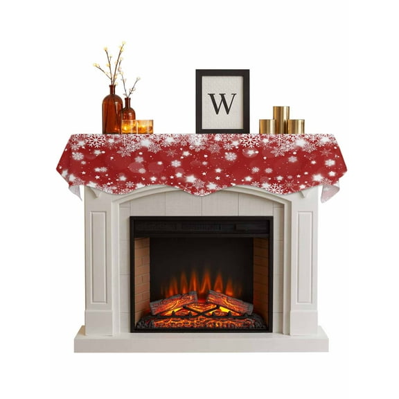 Red Snowflake Christmas Fireplace Mantle Scarf, Winter Xmas Star Snowflake Mantel Cover Table Runner for Home Living Room Door Window, Indoor Outdoor Holiday Party Decor 17" x 70"