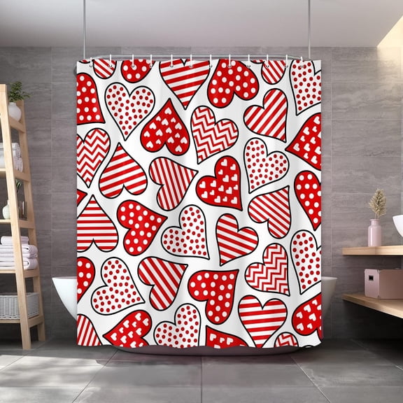 Valentine''s Day Shower Curtain, Red Heart with White Background Shower Curtain Set for Bathroom, Romance Love Theme Fabric Shower Curtain Restroom Bathtub Decor Accessories with Hooks 72X 72 inch