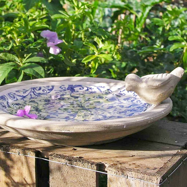 Esschert Design USA Ceramic Birdbath, 12.6 inches, Blue/White