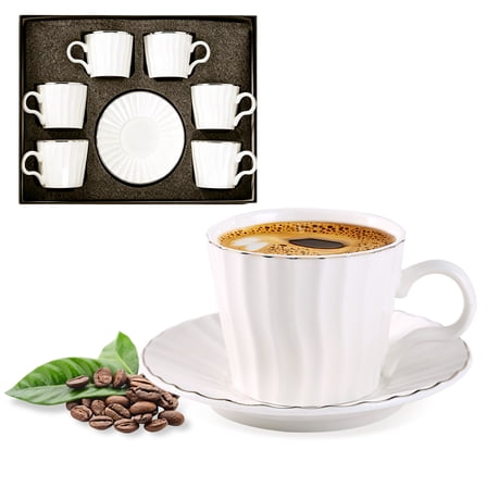 6-Piece Fluted Ceramic Coffee Cup & Saucer Set - White Porcelain with Golden Rim, Sturdy Handle, Elegant Gift Box Set for Coffee/Tea, Housewarming & Business Gifts