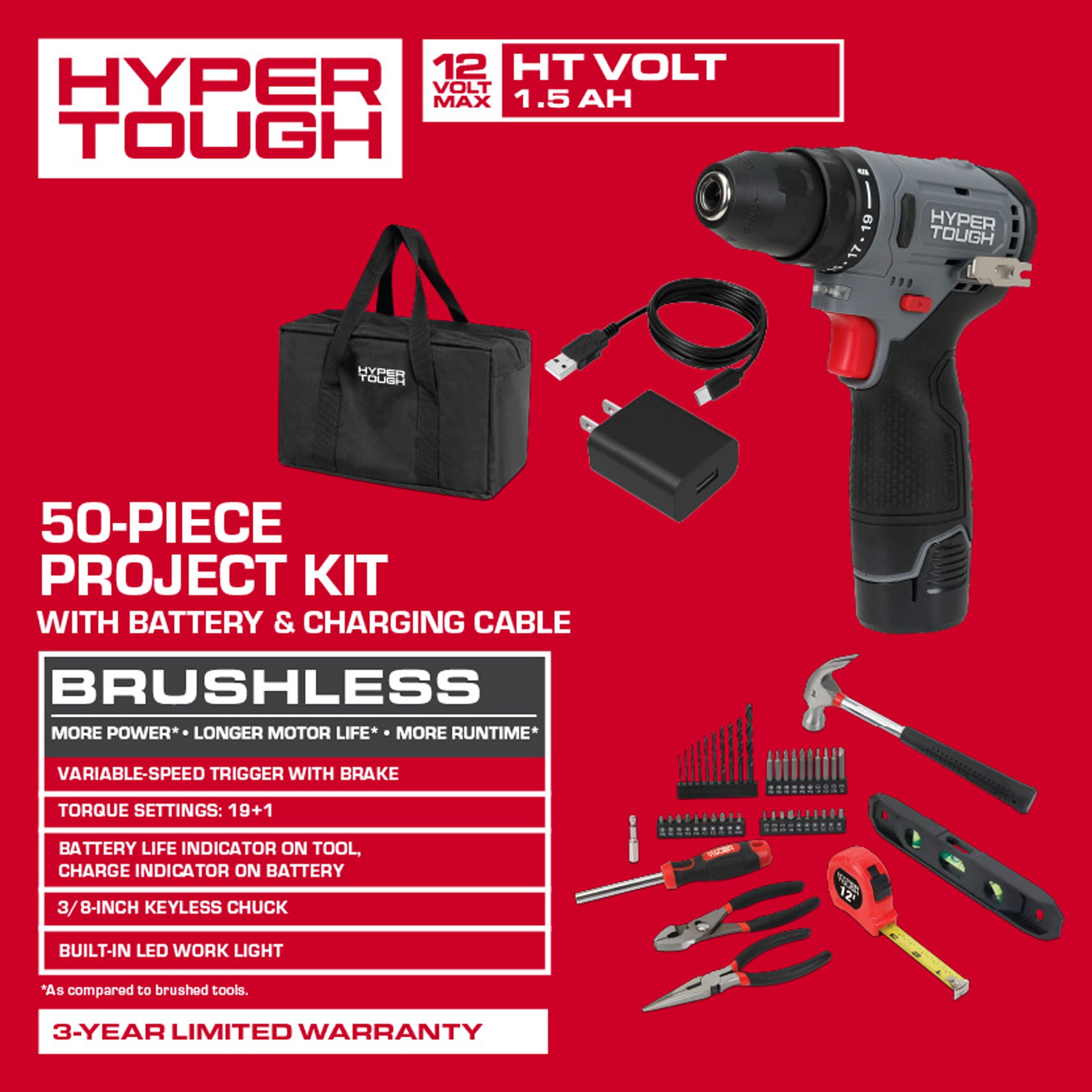 Hyper Tough 12V Brushless Cordless 50-Piece Project Kit with 1.5Ah Battery & Charger