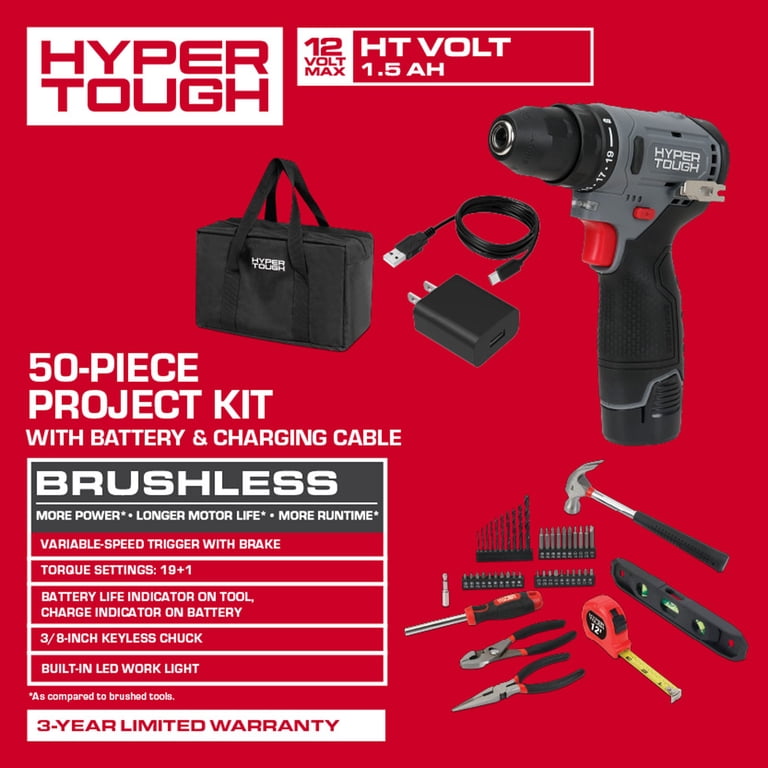 Hyper Tough 12V Brushless Cordless Drill Kit, 50-Piece photo 4