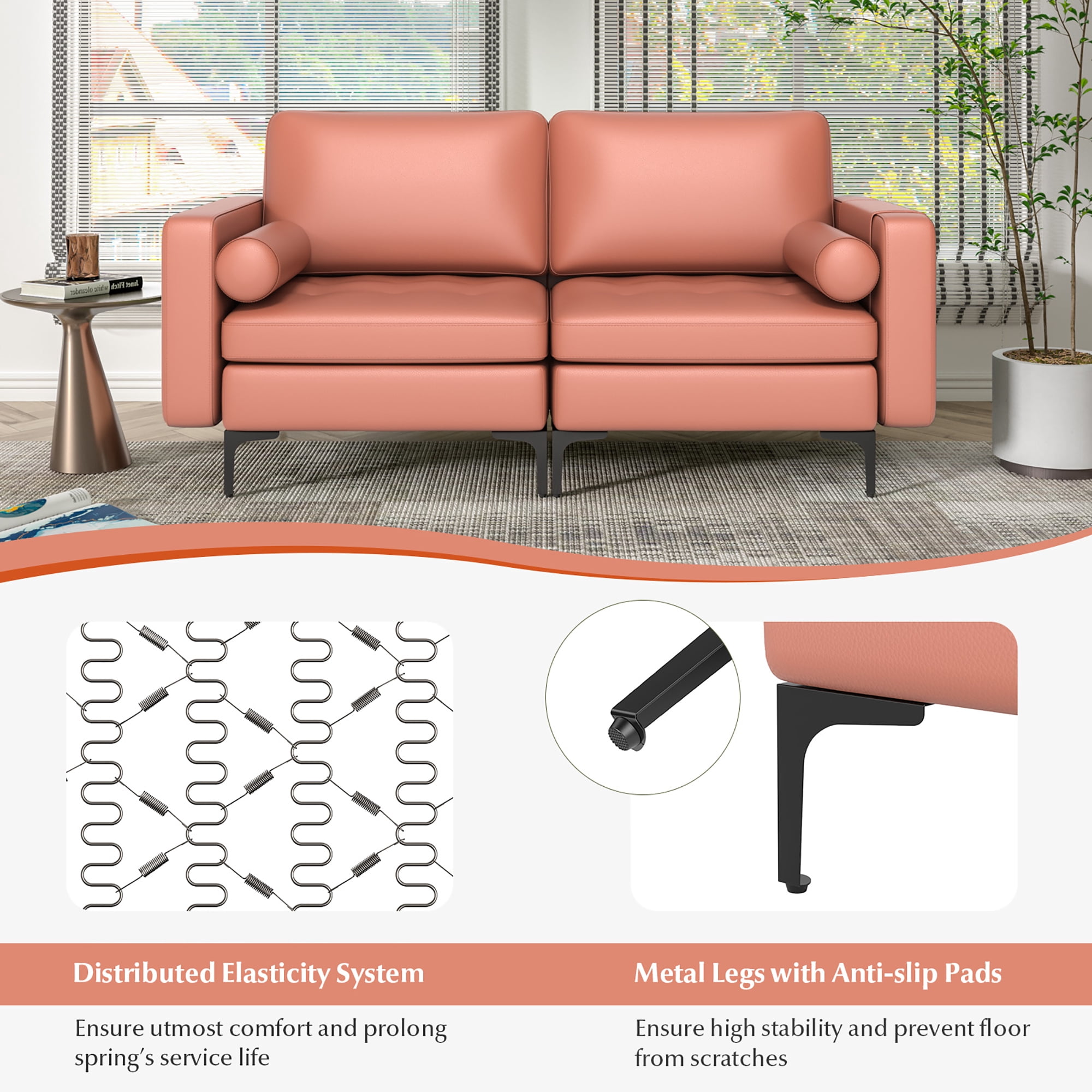 Costway Modern Loveseat 2-Seat Sofa Couch w/ 2 Bolsters Side Storage Pocket Coral Pink