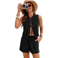 thumbnail image 2 of Women Tie Front Top 2 Piece Outfit Denim Set Sleeveless Deep V Neck Vest Jean Elastic Waist Shorts Sets Black & Gray S, 2 of 9