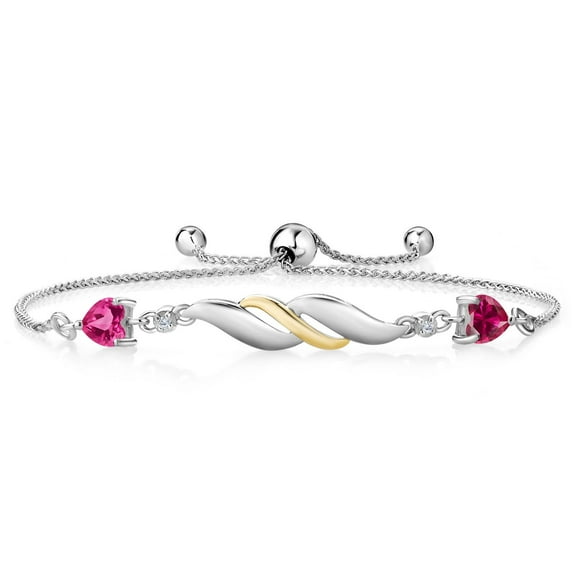 Gem Stone King 1.22 Ct Pink Created Sapphire Red Created Ruby and Lab Grown Diamond 925 Silver and 10K Yellow Gold Bracelet for Women