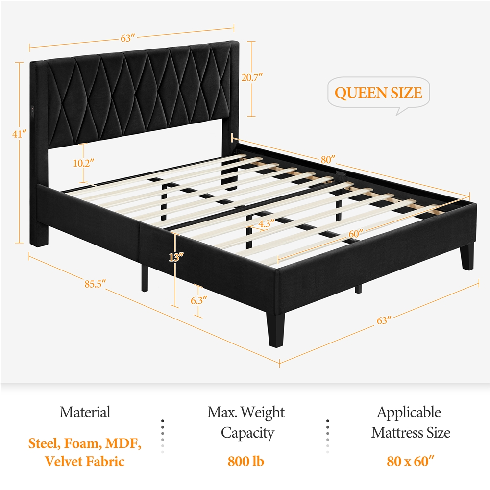 Topeakmart Queen Size Upholstered Platform Bed with Built-In USB Ports & Tufted Headboard, Black - image 4 of 9