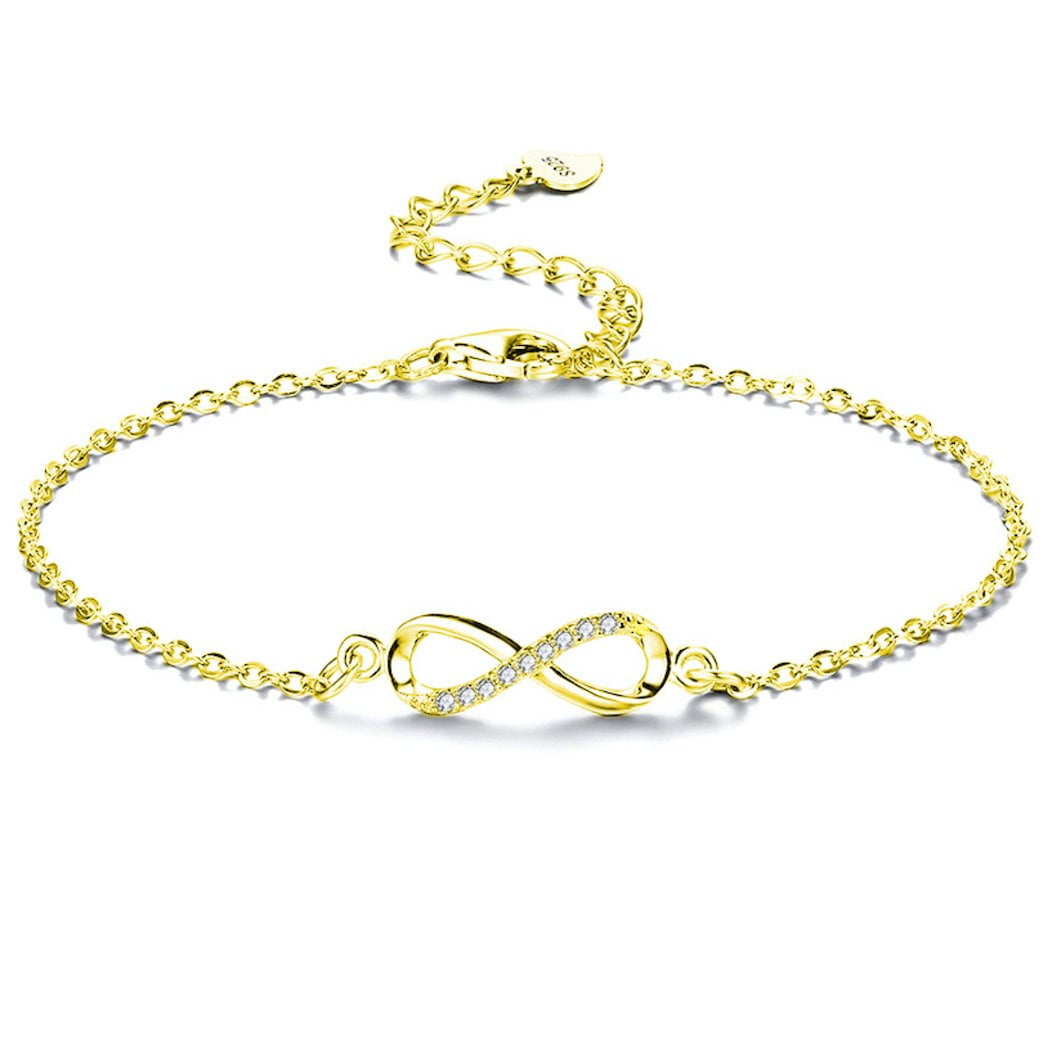 14K Solid Yellow Gold Cubic Zirconia Love Bracelet Charm Rolo Chain Link Women 