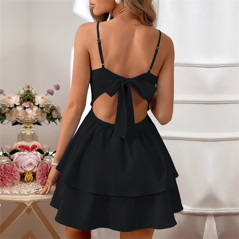 Women's Sundress: Spaghetti Strap, Back Tie, Mini, Square Neck, Backless,  with Ruffle Hem and Swing Flowy Design - Walmart.com