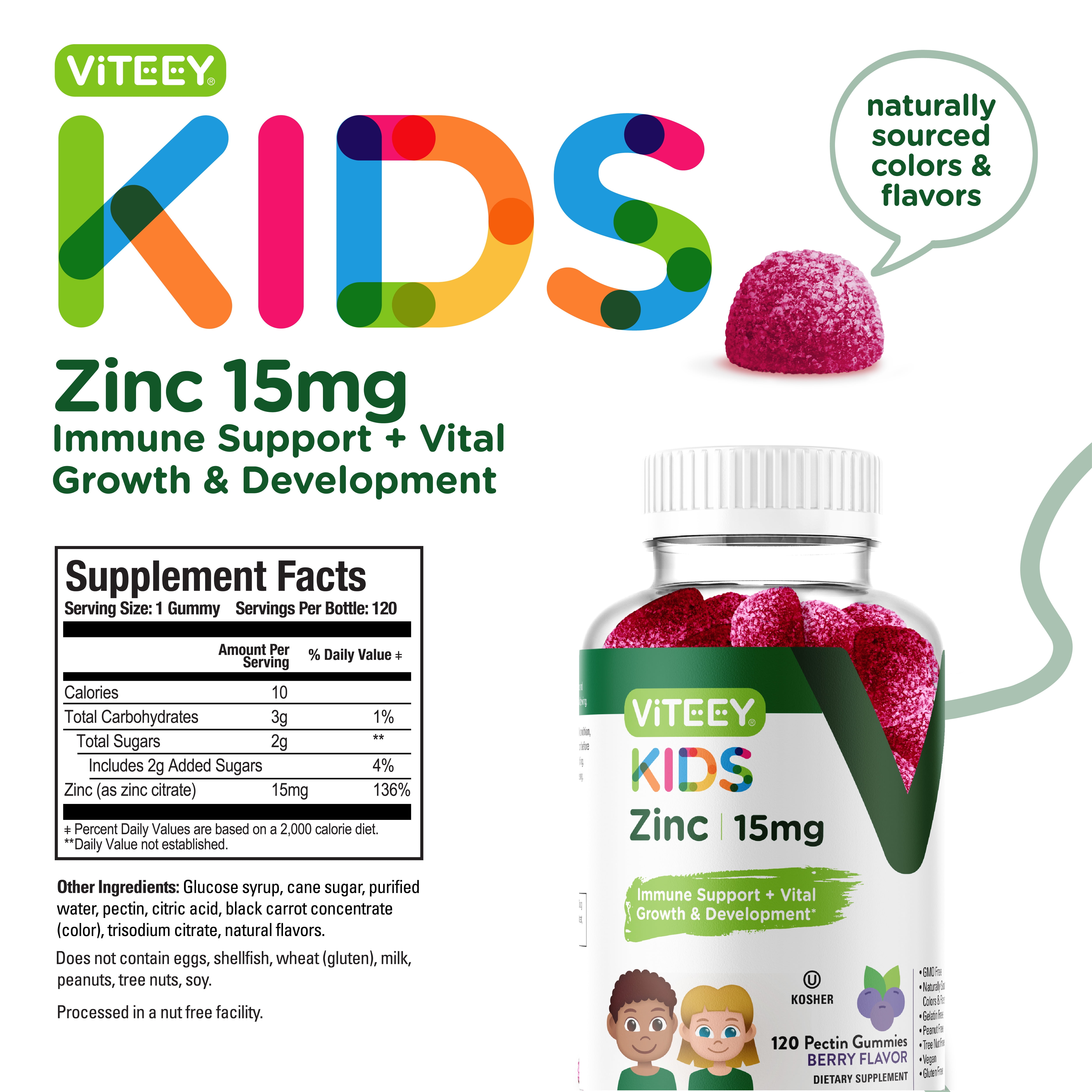 VITEEY Kids Zinc Gummies 15mg, Kids Immune Support Zinc Supplement, Berry Flavor, 120 CtVITEEY Kids Zinc Gummies 15mg, Kids Immune Support Zinc Supplement, Berry Flavor, 120 Ct