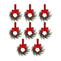Set of 8 Small Christmas Kitchen Cabinet Wreaths with Ribbon, Artificial Pine Mini Wreaths with Red Bows and Berries for Windows, Doors, Hanging, Cabinet, Tabletop & Xmas Holiday Home Decor