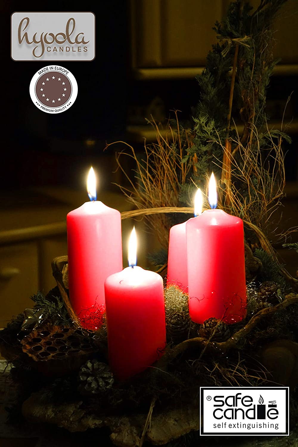 Hyoola 3 x 6 Red Unscented European Made Pillar Candles, Dripless Paraffin Wax with Smokeless Cotton Wicks, 12-Pack