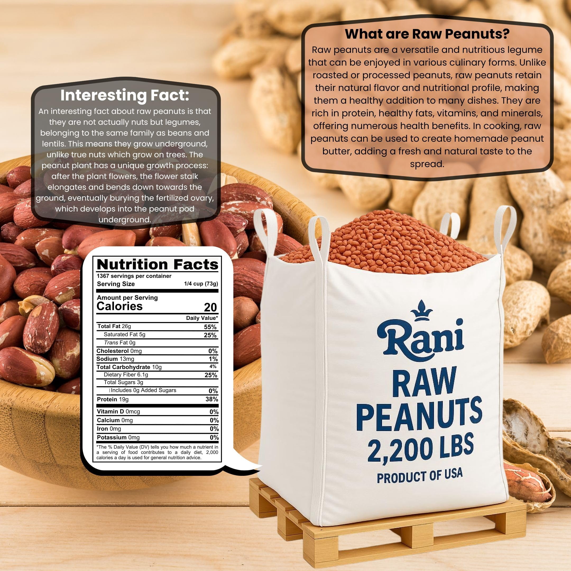 Rani Peanuts, Raw Whole With Skin (uncooked, unsalted) 2200lbs (35200oz) 998kg Super Sack ~ All Natural | Vegan | Gluten Friendly | Fresh Product of USA ~ Spanish Grade Groundnut/Red-skin