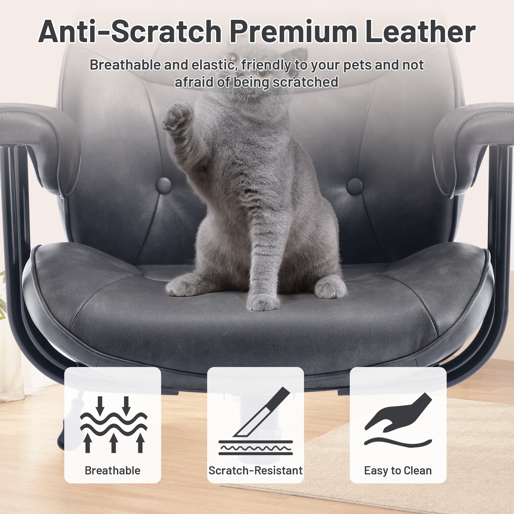 Mid Century Modern Office Desk Chair with Wheels and Arms, Mid Back Ergonomic Office Chair with Lumbar Support, Swivel Leather Computer Desk Chair for All Day Comfort