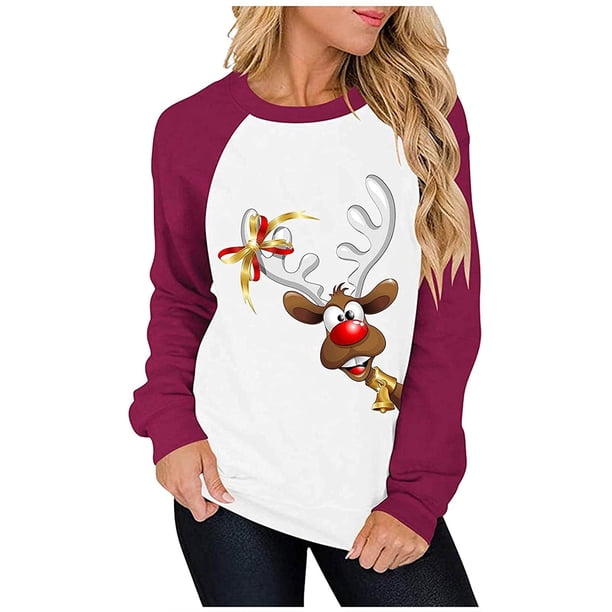 Tops de mujer Moda Árbol de Navidad Impreso Manga larga Sudadera Costura Blusa Camisa Pompotops gfhjh10702