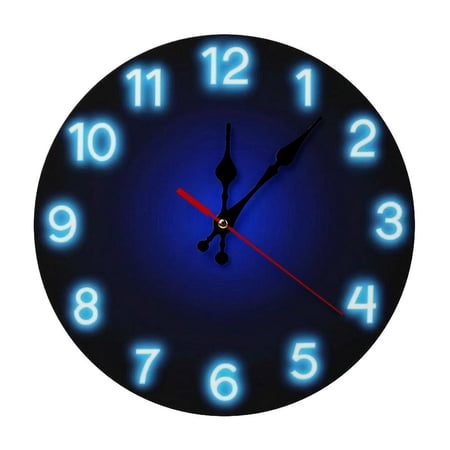 2D Flat Wall Clock Art Print, Silent Non Ticking Battery Operated,Neon Blue Glowing Numerals Dark Background Clock Wall Clock 2D Print Decorative for Bathroom Kitchen Bedroom 10 Inch & 12 Inch, Ships
