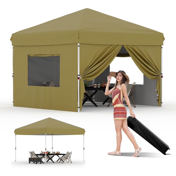 Trilenars Folding Canopy Tent with 4 Sidewalls - 3M x 3M,210D Oxford Fabric,Durable and Portable,One-Person Set Up,Heavy Duty Commercial Instant Tent Shelter,Khaki
