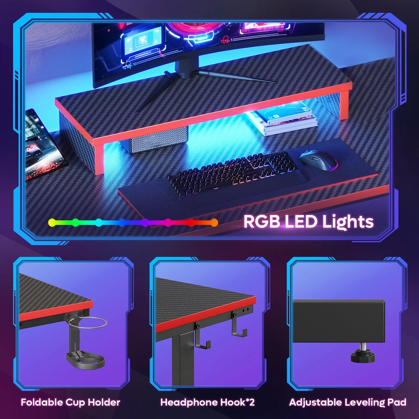 Bestier 42" Gaming Desk PC Computer Office Gamer Table Desk with LED Lights & Monitor Stand in Red