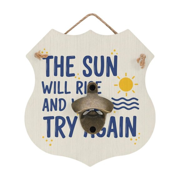 RKSupls Positive Sun Rise Motivational Hand-Lettering Wooden Wall Mounted Bottle Opener, MDF Hanging Beer Opener with Hemp Rope for Home Bar Farmhouse Decor