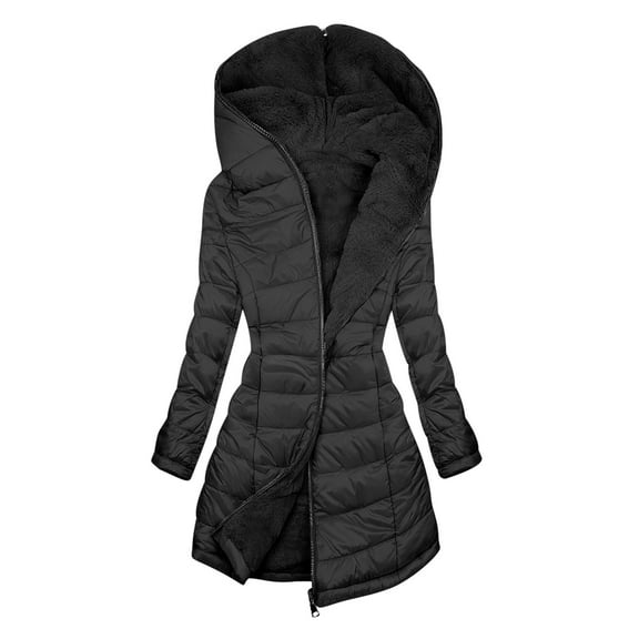 Hueook Wool Coats for Women Solid Color Long-sleeved Hooded Fashion-padded Jacket Black S
