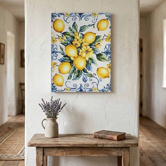 Ships Next Day Canvas Wall Art 8"x10", Yellow Lemon Wood Framed Canvas Print Painting, Middle Century Blue Italian Textured Ready to Hang Small Picture Wall Decor for Home Bathroom Nursery Office