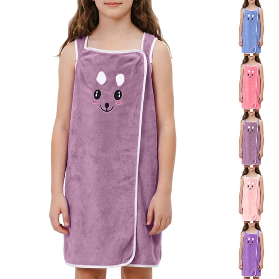 UJNDER Girls Wearable Hooded Thick Absorbent Coral Cartoon Print Bath Towel Wrap Robe Dress for Kids Girls Robe,Light Purple,One Size
