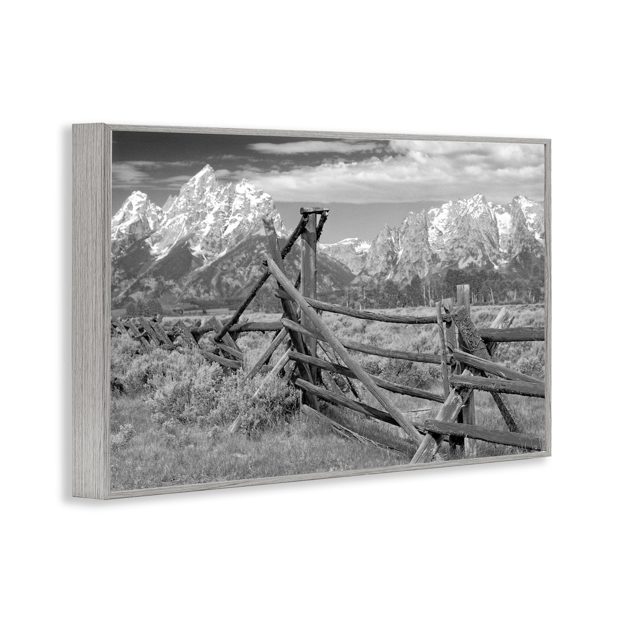 Grand Tetons Mountains & Fence Gray Framed Giclee Art, design by MJ Photography