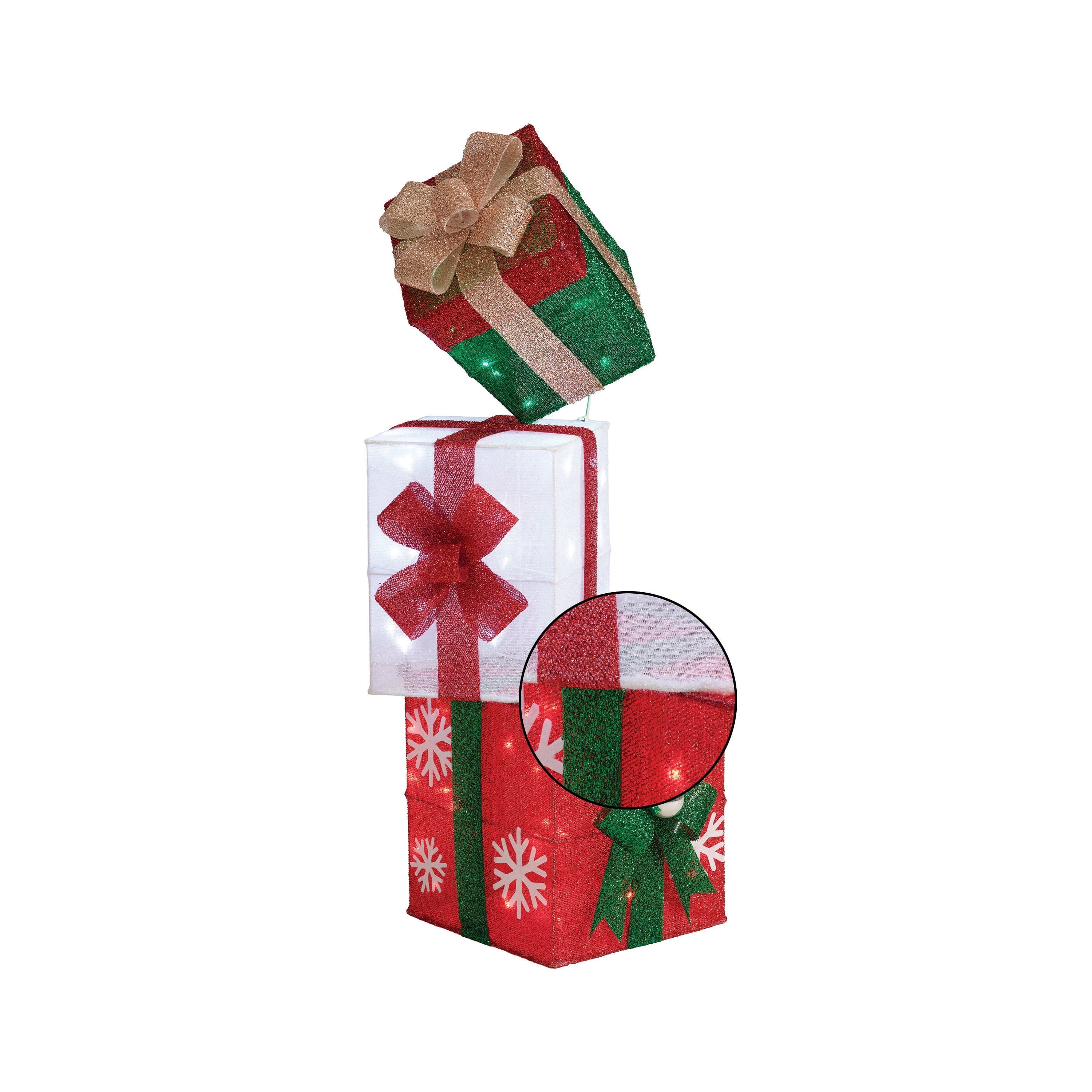 Indoor/Outdoor Light-Up Stacked Gift Box Christmas Decoration with 60 LED Lights, White/Green/Red, 42", by Holiday Time