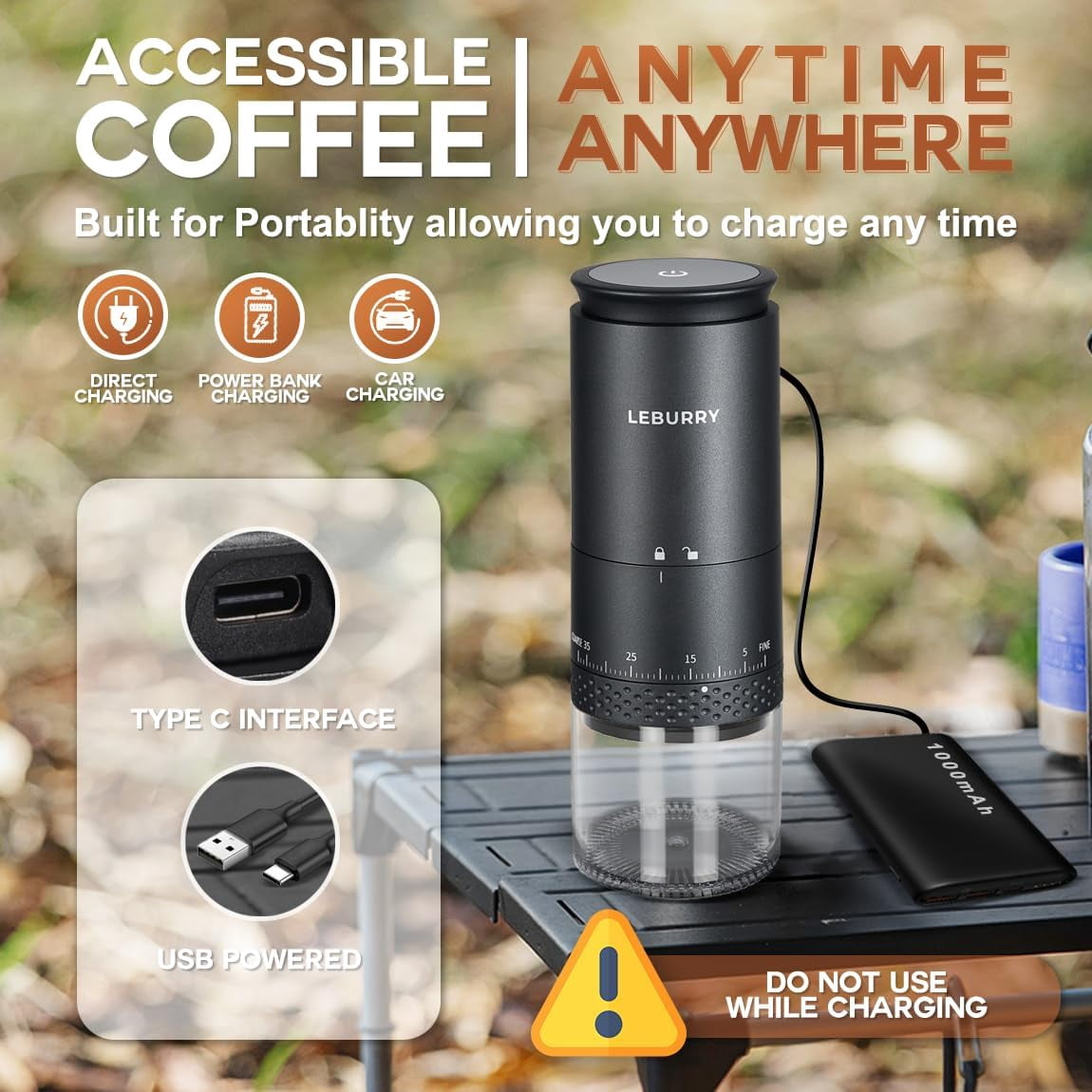 Portable Burr Coffee Grinder with Stainless Steel Conical Mill, 38 Adjustable Settings Cordless Rechargeable Electric Bean Grinder for Travel Camping Espresso Pour-Over French Press