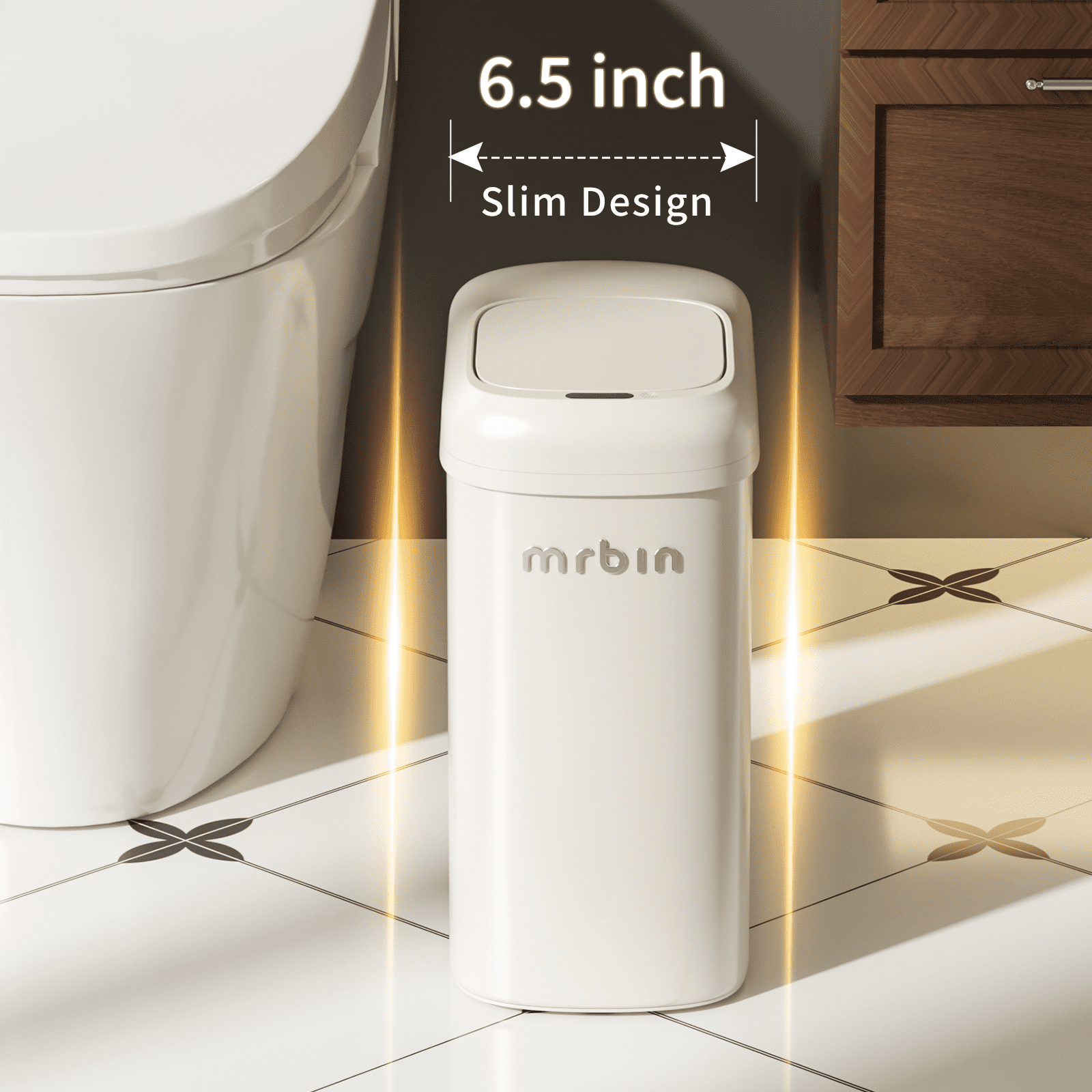 Motion Sensor Adsorption Bag Bathroom Metal Trash Can with Lid and Wheels, 10L/2.6gal Automatic Removable Slim Electric Narrow Waste Basket for Near Desk Office, Bedroom, Kitchen, Rv, White