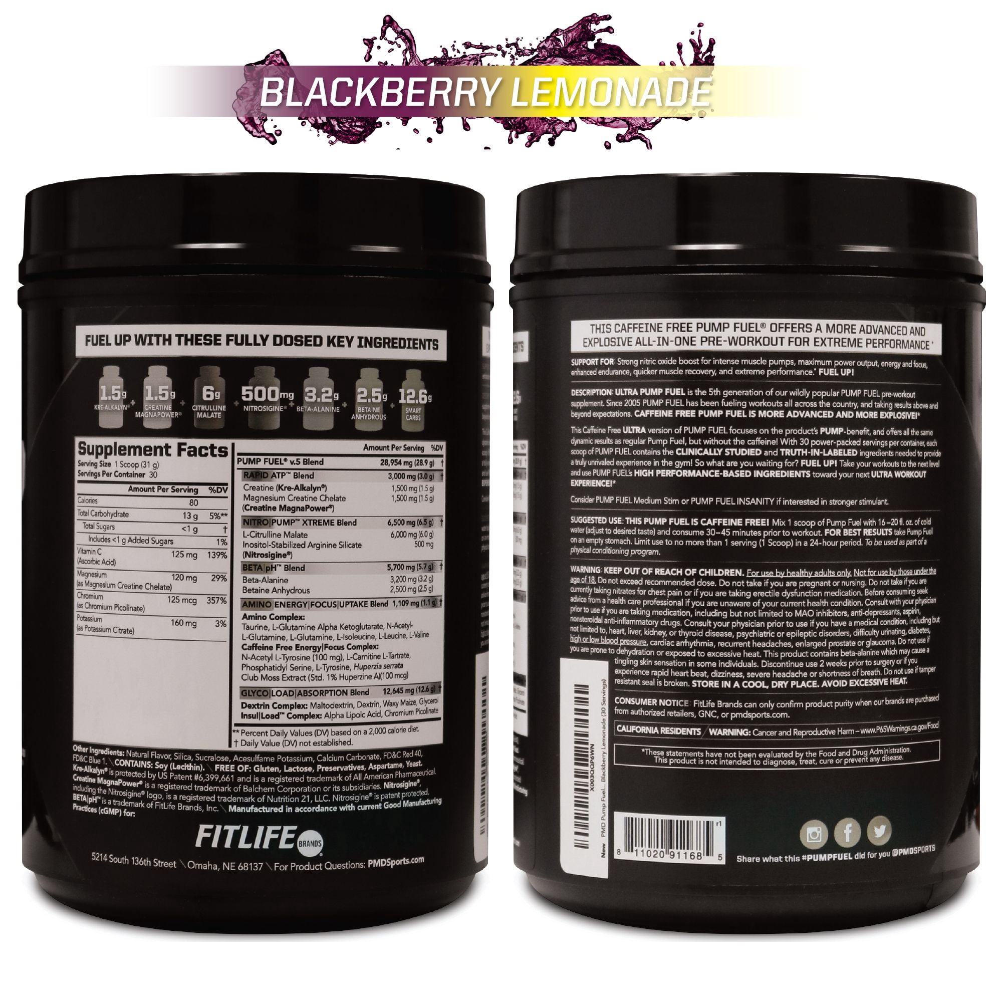 PMD Sports Ultra Pump Fuel Caffeine Free - Pre Workout Drink Mix - Energy, Strength, Endurance, Muscle Pumps And Recovery Complex Carbohydrates And Amino Energy - Blackberry Lemonade (30 Servings)