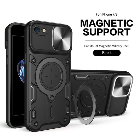Xilaimitoo For iPhone 6/7/8 Case,iPhone SE 2022 Case with Slide Camera Cover , Full Body Military-Grade Case with Upgrade Magnetic Ring Kickstand for iPhone6/7/8 Case -Black